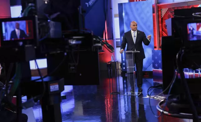 Rep. Colin Allred, D-Texas, speaks during a U.S. Senate debate with Sen. Ted Cruz, R-Texas, Tuesday, Oct. 15, 2024, in Dallas. (Shelby Tauber/Texas Tribune via AP, Pool)