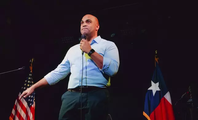 Rep. Colin Allred, D-Texas, speaks to supporters at a campaign event at Tulips FTW, Saturday, Oct. 5, 2024, in Fort Worth, Texas. (AP Photo/Desiree Rios)