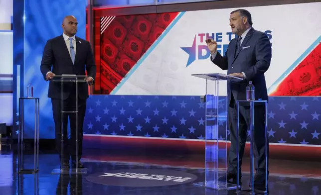 Sen. Ted Cruz, R-Texas, right, speaks during a U.S. Senate debate with Rep. Colin Allred, D-Texas, Tuesday, Oct. 15, 2024, in Dallas. (Shelby Tauber/Texas Tribune via AP, Pool)