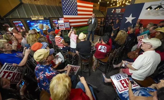 Sen. Ted Cruz, R-Texas, addresses supporters during a campaign event, Saturday, Oct. 5, 2024, in Keller, Texas. (AP Photo/Julio Cortez)