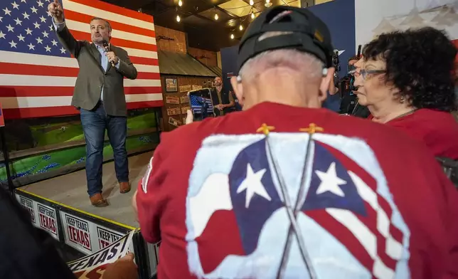 Sen. Ted Cruz, R-Texas, addresses supporters during a campaign event, Saturday, Oct. 5, 2024, in Keller, Texas. (AP Photo/Julio Cortez)