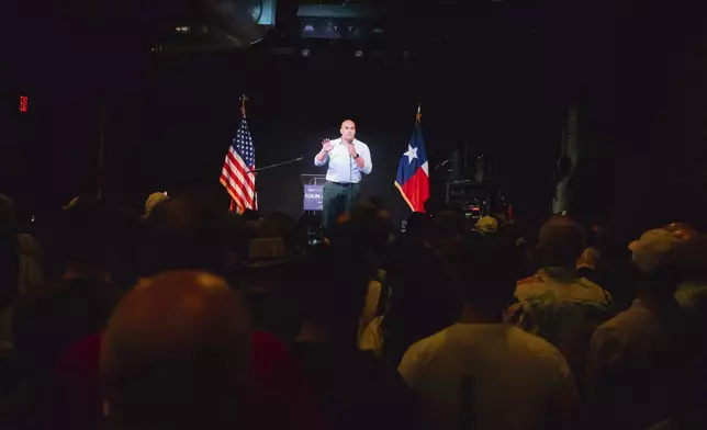 Rep. Colin Allred, D-Texas, speaks to supporters at a campaign event at Tulips FTW, Saturday, Oct. 5, 2024, in Fort Worth, Texas. (AP Photo/Desiree Rios)