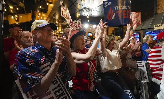 Supporters of Sen. Ted Cruz, R-Texas, cheer during a campaign event, Saturday, Oct. 5, 2024, in Keller, Texas. (AP Photo/Julio Cortez)