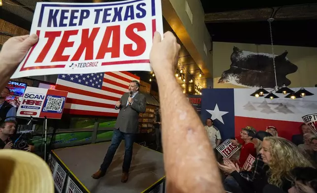 Sen. Ted Cruz, R-Texas, addresses supporters during a campaign event, Saturday, Oct. 5, 2024, in Keller, Texas. (AP Photo/Julio Cortez)