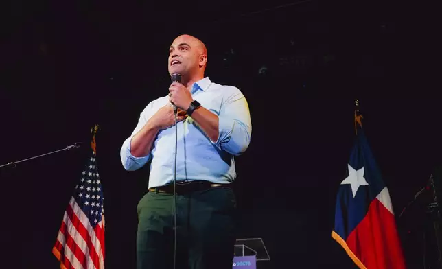 Rep. Colin Allred, D-Texas, speaks to supporters at a campaign event at Tulips FTW, Saturday, Oct. 5, 2024, in Fort Worth, Texas. (AP Photo/Desiree Rios)