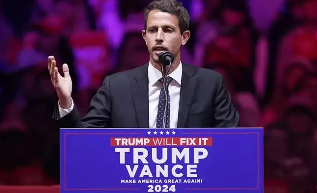 Tony Hinchcliffe speaks before Republican presidential nominee former President Donald Trump during a campaign rally at Madison Square Garden, Sunday, Oct. 27, 2024, in New York. (AP Photo/Evan Vucci)