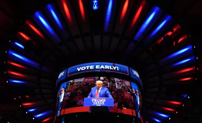 Republican presidential nominee former President Donald Trump speaks at a campaign rally at Madison Square Garden, Sunday, Oct. 27, 2024, in New York. (AP Photo/Alex Brandon)