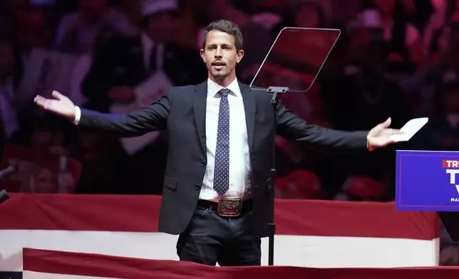 Tony Hinchcliffe arrives to speak before Republican presidential nominee former President Donald Trump during a campaign rally at Madison Square Garden, Sunday, Oct. 27, 2024, in New York. (AP Photo/Evan Vucci)