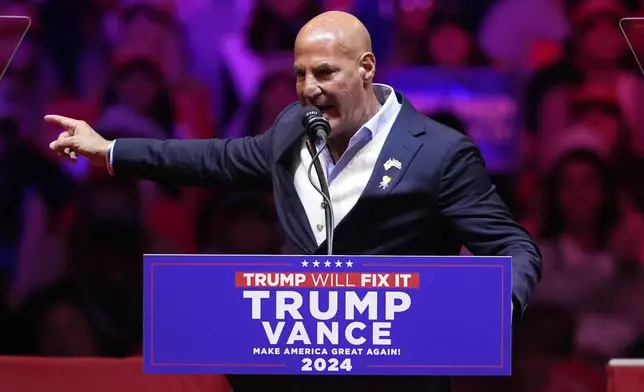 Sid Rosenberg speaks before Republican presidential nominee former President Donald Trump speaks at a campaign rally at Madison Square Garden, Sunday, Oct. 27, 2024, in New York. (AP Photo/Evan Vucci)