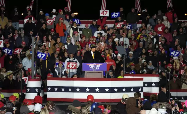 Republican presidential nominee former President Donald Trump speaks at a campaign event Friday, Oct. 25, 2024, in Traverse City, Mich. (AP Photo/Paul Sancya)