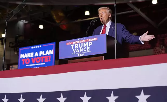 Republican presidential nominee former President Donald Trump speaks at a campaign event at the Ryder Center at Saginaw Valley State University, Thursday, Oct. 3, 2024, in University Center, Mich. (AP Photo/Alex Brandon)