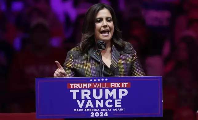 Rep. Elise Stefanik, R-N.Y., speaks before Republican presidential nominee former President Donald Trump at a campaign rally at Madison Square Garden, Sunday, Oct. 27, 2024, in New York. (AP Photo/Evan Vucci)