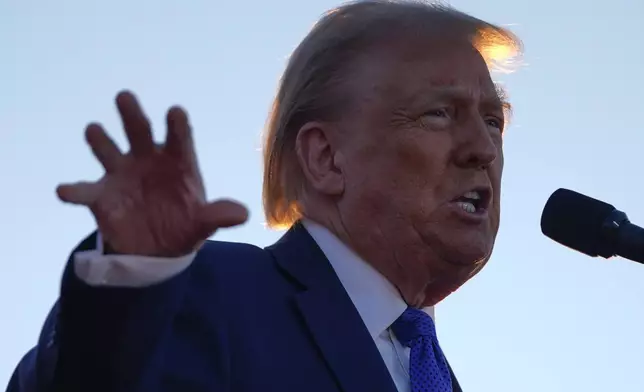 Republican presidential nominee former President Donald Trump speaks during a campaign rally at Arnold Palmer Regional Airport, Saturday, Oct. 19, 2024, in Latrobe, Pa. (AP Photo/Evan Vucci)