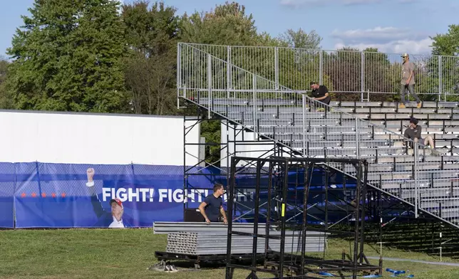 Bleachers are set up ahead of a campaign rally for Republican presidential nominee former President Donald Trump at the Butler Farm Show, Friday, Oct. 4, 2024, in Butler, Pa. (AP Photo/Alex Brandon)