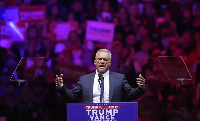 Robert F. Kennedy Jr., speaks before Republican presidential nominee former President Donald Trump at a campaign rally at Madison Square Garden, Sunday, Oct. 27, 2024, in New York. (AP Photo/Evan Vucci)