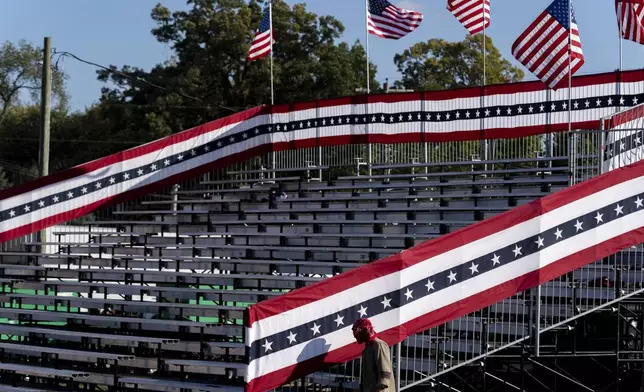 Bleachers are set up ahead of a campaign event for Republican presidential nominee former President Donald Trump at the Butler Farm Show, Friday, Oct. 4, 2024, in Butler, Pa. (AP Photo/Alex Brandon)