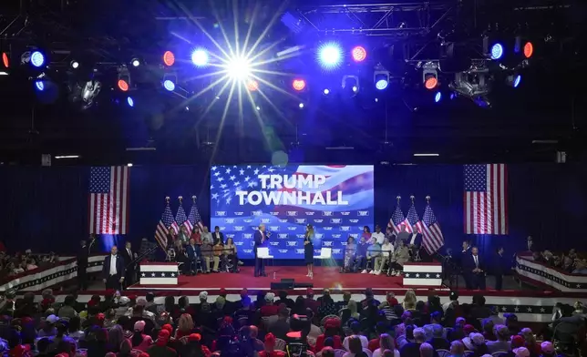 Republican presidential nominee former President Donald Trump speaks at a campaign town hall at the Greater Philadelphia Expo Center &amp; Fairgrounds, Monday, Oct. 14, 2024, in Oaks, Pa. (AP Photo/Matt Rourke)