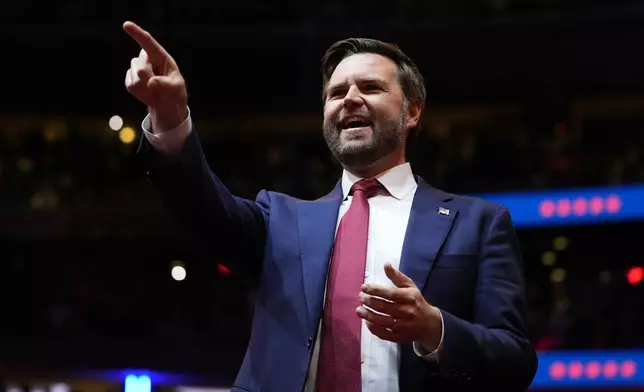 Republican vice presidential nominee Sen. JD Vance, R-Ohio, arrives before Republican presidential nominee former President Donald Trump at a campaign rally at Madison Square Garden, Sunday, Oct. 27, 2024, in New York. (AP Photo/Alex Brandon)