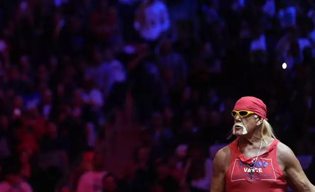 Hulk Hogan speaks at a campaign rally for Republican presidential nominee former President Donald Trump at Madison Square Garden, Sunday, Oct. 27, 2024, in New York. (AP Photo/Julia Demaree Nikhinson)