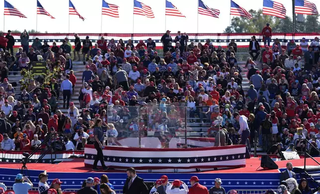 Supporters arrive before Republican presidential nominee former President Donald Trump speaks at a campaign rally at the Butler Farm Show, Saturday, Oct. 5, 2024, in Butler, Pa. (AP Photo/Julia Demaree Nikhinson)