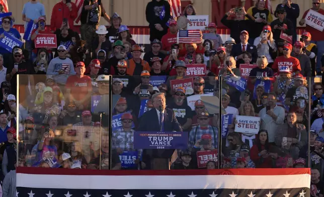 Republican presidential nominee former President Donald Trump speaks at a campaign rally, Saturday, Oct. 19, 2024, at Arnold Palmer Regional Airport in Latrobe, Pa. (AP Photo/Matt Rourke)