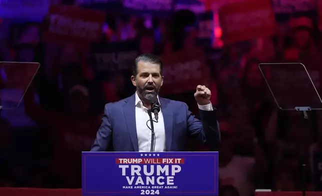 Donald Trump Jr., speaks before Republican presidential nominee former President Donald Trump at a campaign rally at Madison Square Garden, Sunday, Oct. 27, 2024, in New York. (AP Photo/Evan Vucci)