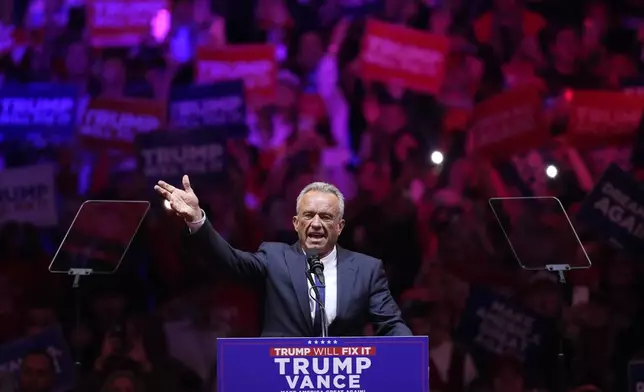 Robert Kennedy Jr., speaks before Republican presidential nominee former President Donald Trump at a campaign rally at Madison Square Garden, Sunday, Oct. 27, 2024, in New York. (AP Photo/Evan Vucci)