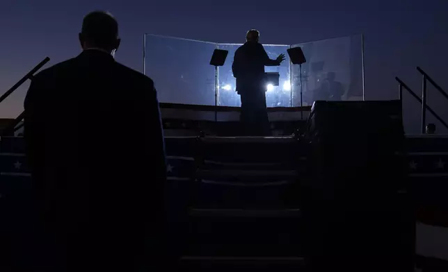 Republican presidential nominee former President Donald Trump speaks during a campaign rally at Arnold Palmer Regional Airport, Saturday, Oct. 19, 2024, in Latrobe, Pa. (AP Photo/Evan Vucci)