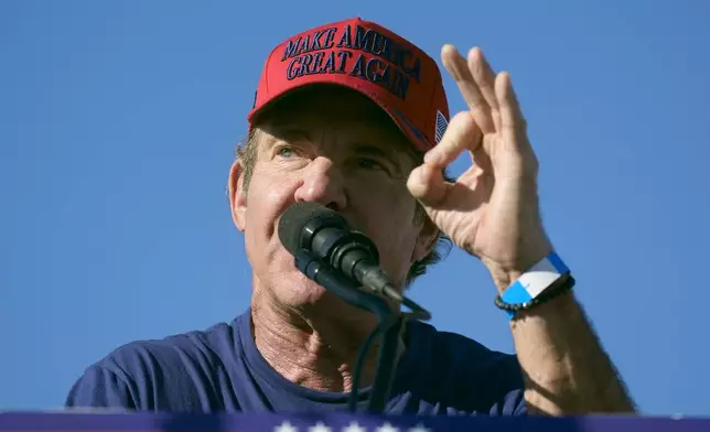 Dennis Quaid speaks at a campaign rally for Republican presidential nominee former President Donald Trump at the Calhoun Ranch, Saturday, Oct. 12, 2024, in Coachella, Calif. (AP Photo/Alex Brandon)