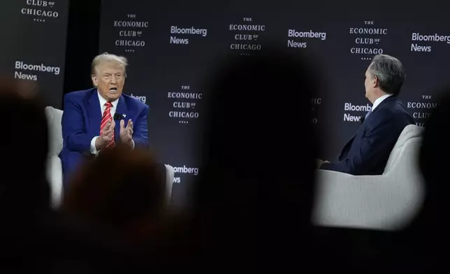 Republican presidential nominee former President Donald Trump speaks during an interview with Bloomberg News Editor-in-Chief John Micklethwait during an event with the Economic Club of Chicago, Tuesday, Oct. 15, 2024, in Chicago. (AP Photo/Evan Vucci)