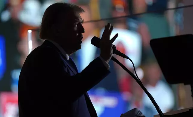 Republican presidential nominee former President Donald Trump speaks during a campaign rally at Arnold Palmer Regional Airport, Saturday, Oct. 19, 2024, in Latrobe, Pa. (AP Photo/Evan Vucci)