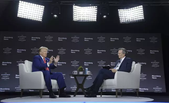 Republican presidential nominee former President Donald Trump speaks during an interview with Bloomberg News Editor-in-Chief John Micklethwait during an event with the Economic Club of Chicago, Tuesday, Oct. 15, 2024, in Chicago. (AP Photo/Evan Vucci)