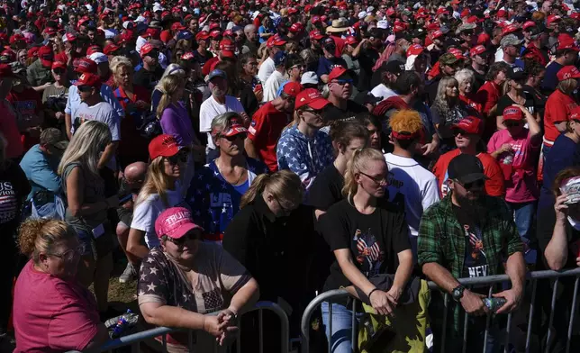 Supporters arrive before Republican presidential nominee former President Donald Trump speaks at a campaign rally at the Butler Farm Show, Saturday, Oct. 5, 2024, in Butler, Pa. (AP Photo/Julia Demaree Nikhinson)