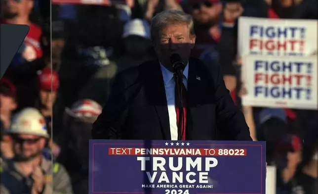 Republican presidential nominee former President Donald Trump speaks during a campaign rally at the Butler Farm Show, Saturday, Oct. 5, 2024, in Butler, Pa. (AP Photo/Julia Demaree Nikhinson)