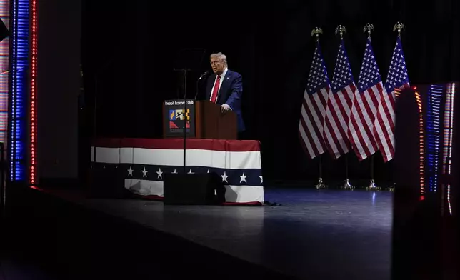 Republican presidential nominee former President Donald Trump speaks at a meeting of the Detroit Economic Club, Thursday, Oct. 10, 2024, in Detroit. (AP Photo/Julia Demaree Nikhinson)