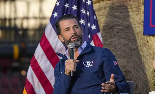 Donald Trump Jr. speaks during a campaign event in support of Republican presidential candidate former President Donald Trump, Friday, Oct. 18, 2024, in Red Springs, N.C. (AP Photo/David Yeazell)