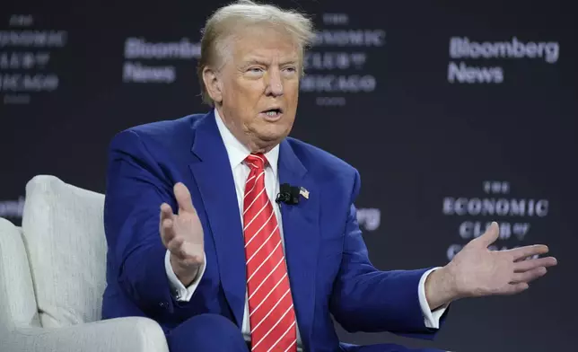 Republican presidential nominee former President Donald Trump speaks during an interview with Bloomberg News Editor-in-Chief John Micklethwait during an event with the Economic Club of Chicago, Tuesday, Oct. 15, 2024, in Chicago. (AP Photo/Evan Vucci)