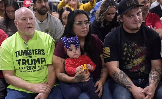 Supporters listen as Republican presidential nominee former President Donald Trump speaks at a campaign roundtable, Friday, Oct. 18, 2024, in Auburn Hills, Mich. (AP Photo/Evan Vucci)