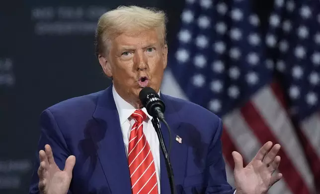 Republican presidential nominee former President Donald Trump speaks at a campaign event at the Cobb Energy Performing Arts Centre, Tuesday, Oct. 15, 2024, in Atlanta. (AP Photo/John Bazemore)