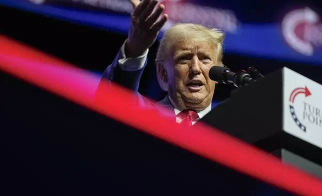 Republican presidential nominee former President Donald Trump speaks during a campaign rally at Thomas &amp; Mack Center, Thursday, Oct. 24, 2024, in Las Vegas. (AP Photo/Alex Brandon)