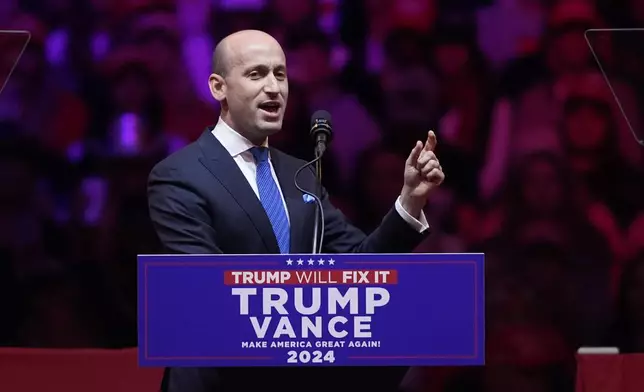 Stephen Miller speaks before Republican presidential nominee former President Donald Trump at a campaign rally at Madison Square Garden, Sunday, Oct. 27, 2024, in New York. (AP Photo/Evan Vucci)