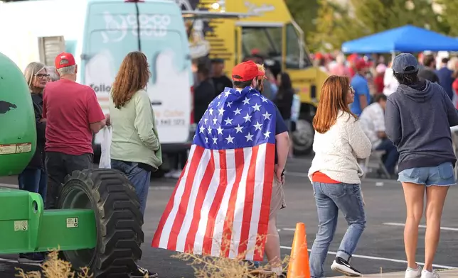 Supporters queue up to attend a rally with Republican presidential nominee former President Donald Trump at the Gaylord Rockies Resort and Convention Center Friday, Oct. 11, 2024, in Aurora, Colo. (AP Photo/David Zalubowski)