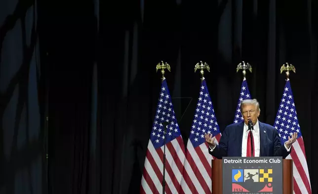 Republican presidential nominee former President Donald Trump speaks at a meeting of the Detroit Economic Club, Thursday, Oct. 10, 2024, in Detroit. (AP Photo/Julia Demaree Nikhinson)