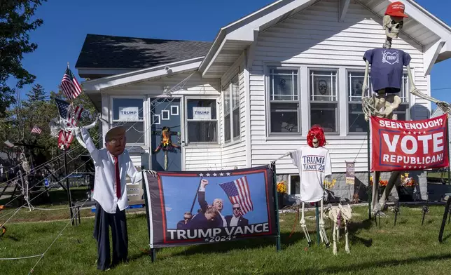 A home is decorated for Halloween and in support of Republican presidential nominee former President Donald Trump, Thursday, Oct. 3, 2024, in Muskegon, Mich. (AP Photo/Alex Brandon)