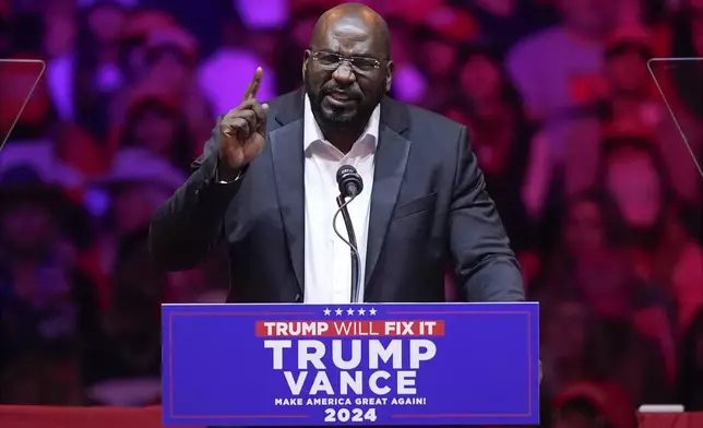 Michael Harris Jr., founder of Death Row Records, speaks before Republican presidential nominee former President Donald Trump speaks at a campaign rally at Madison Square Garden, Sunday, Oct. 27, 2024, in New York. (AP Photo/Evan Vucci)