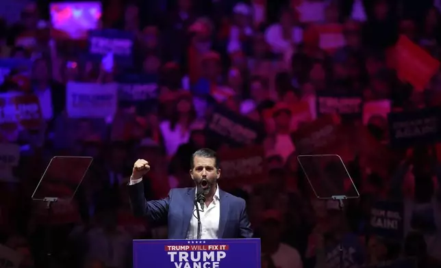 Donald Trump Jr., speaks before Republican presidential nominee former President Donald Trump at a campaign rally at Madison Square Garden, Sunday, Oct. 27, 2024, in New York. (AP Photo/Evan Vucci)