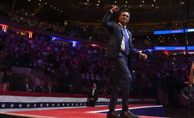 Vivek Ramaswamy speaks before Republican presidential nominee former President Donald Trump at a campaign rally at Madison Square Garden, Sunday, Oct. 27, 2024, in New York. (AP Photo/Alex Brandon)