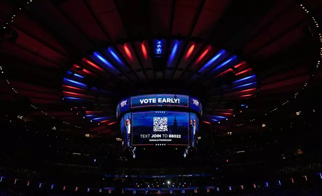 Screens inside the venue are pictured before a campaign rally for Republican presidential nominee former President Donald Trump at Madison Square Garden, Sunday, Oct. 27, 2024, in New York. (AP Photo/Julia Demaree Nikhinson)