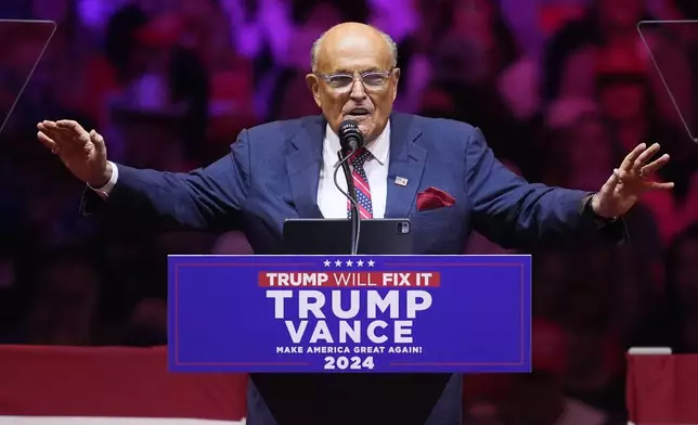 Rudy Giuliani speaks before Republican presidential nominee former President Donald Trump speaks at a campaign rally at Madison Square Garden, Sunday, Oct. 27, 2024, in New York. (AP Photo/Evan Vucci)