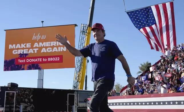 Dennis Quaid departs after speaking at a campaign rally for Republican presidential nominee former President Donald Trump at the Calhoun Ranch, Saturday, Oct. 12, 2024, in Coachella, Calif. (AP Photo/Alex Brandon)